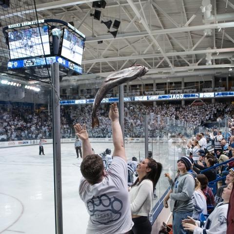 student tossing fish on to the ice at hockey game