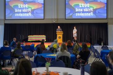 A crowd at the pride and pancakes breakfast